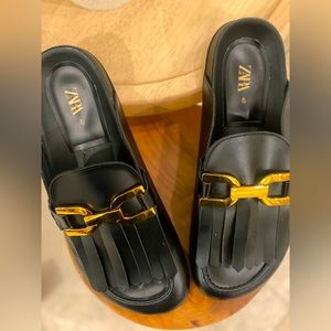 Zara Buckled Fringe leather clogs